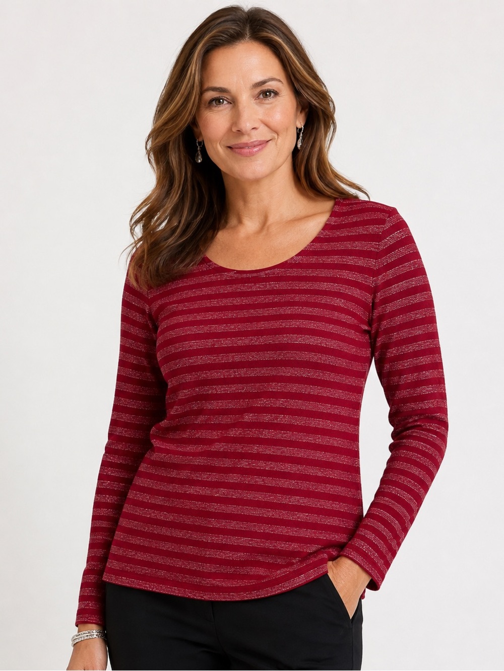 Talbots Womens M Red/Silver Glitter Striped Knit Scoop Neck Top Holiday